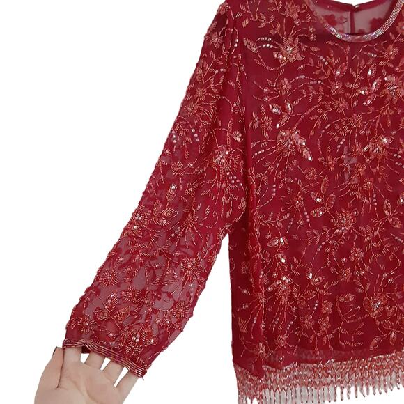 Vintage 70s Jack Bryan Beaded Sheer Silk Tunic Top Cherry Red Evening Holiday - Picture 7 of 15
